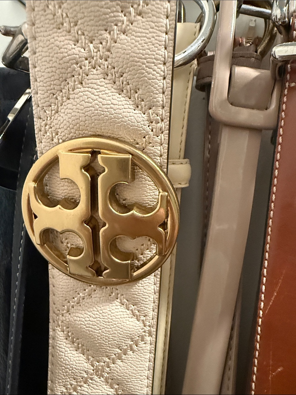 Tory Burch Cream Quilted Leather Crossbody Strap with Gold Logo